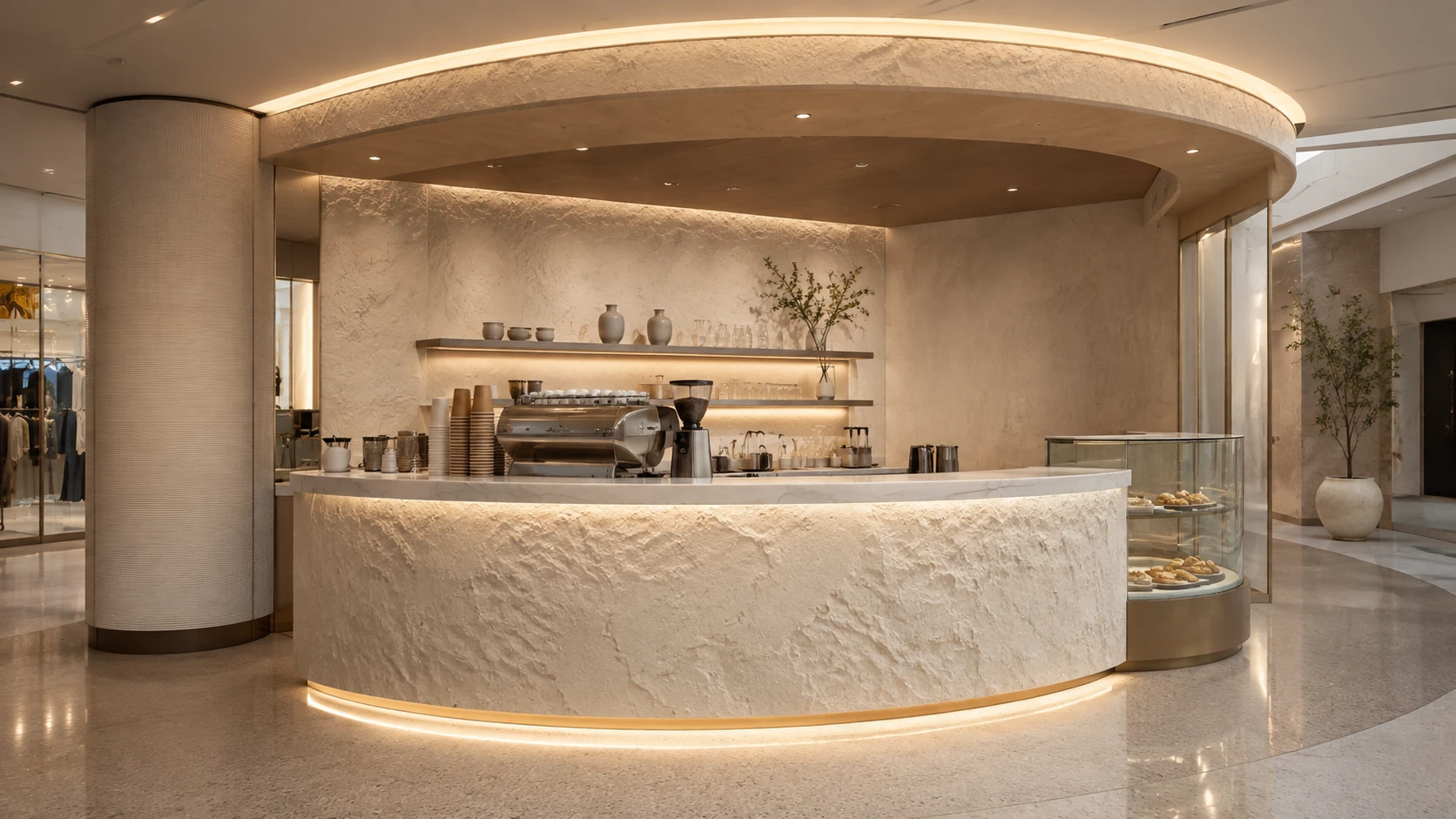 Cafe counter finished with a light textured decorative surface