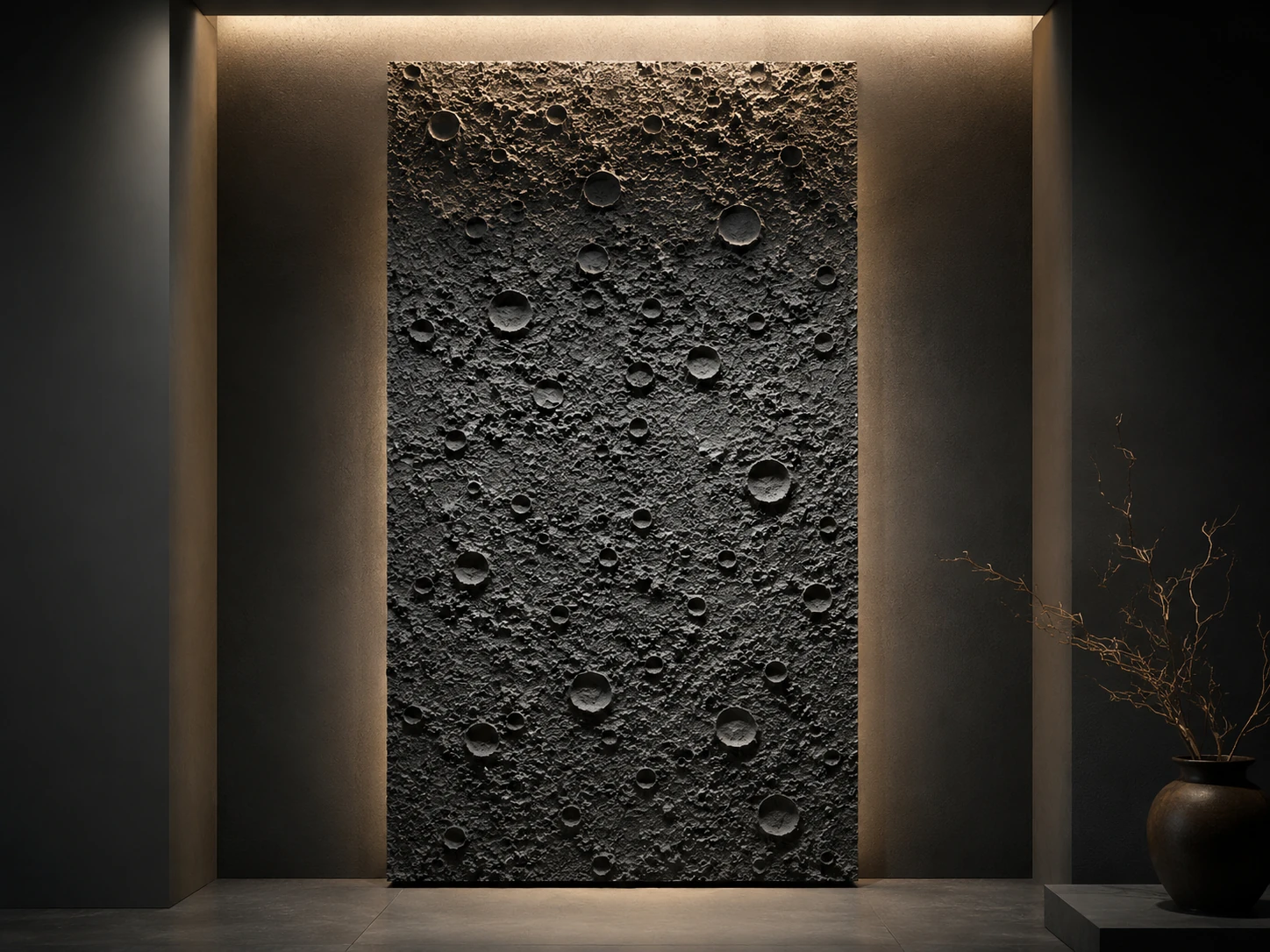 Dark cratered decorative stone surface