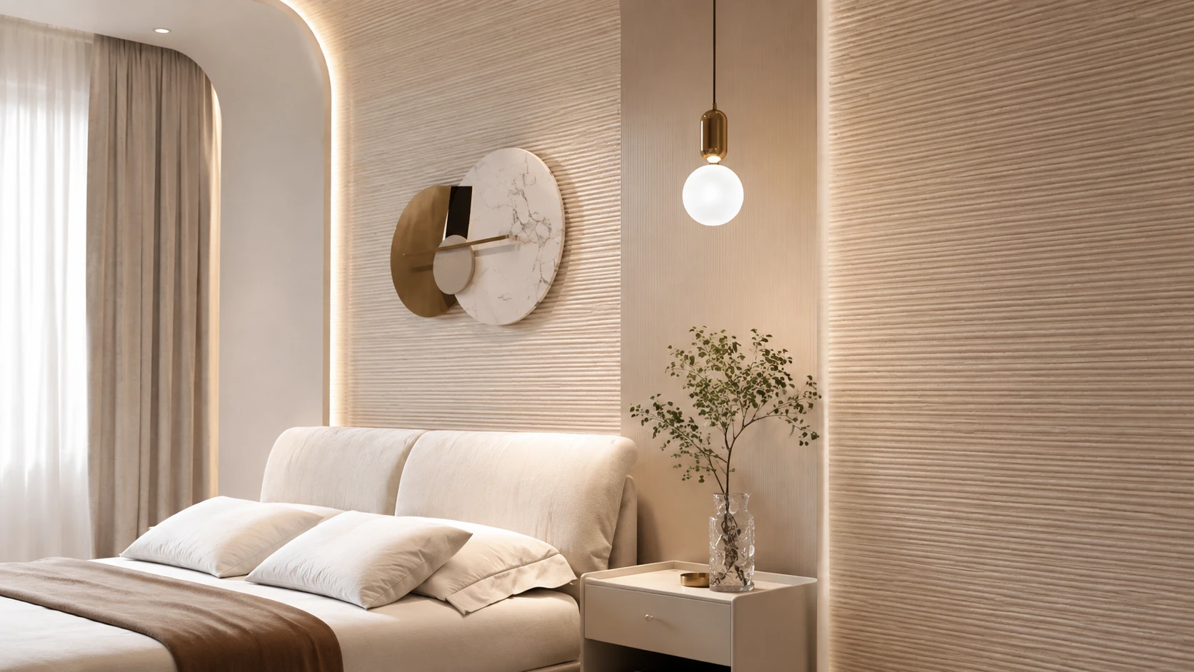 Bedroom with a refined horizontal textured wall