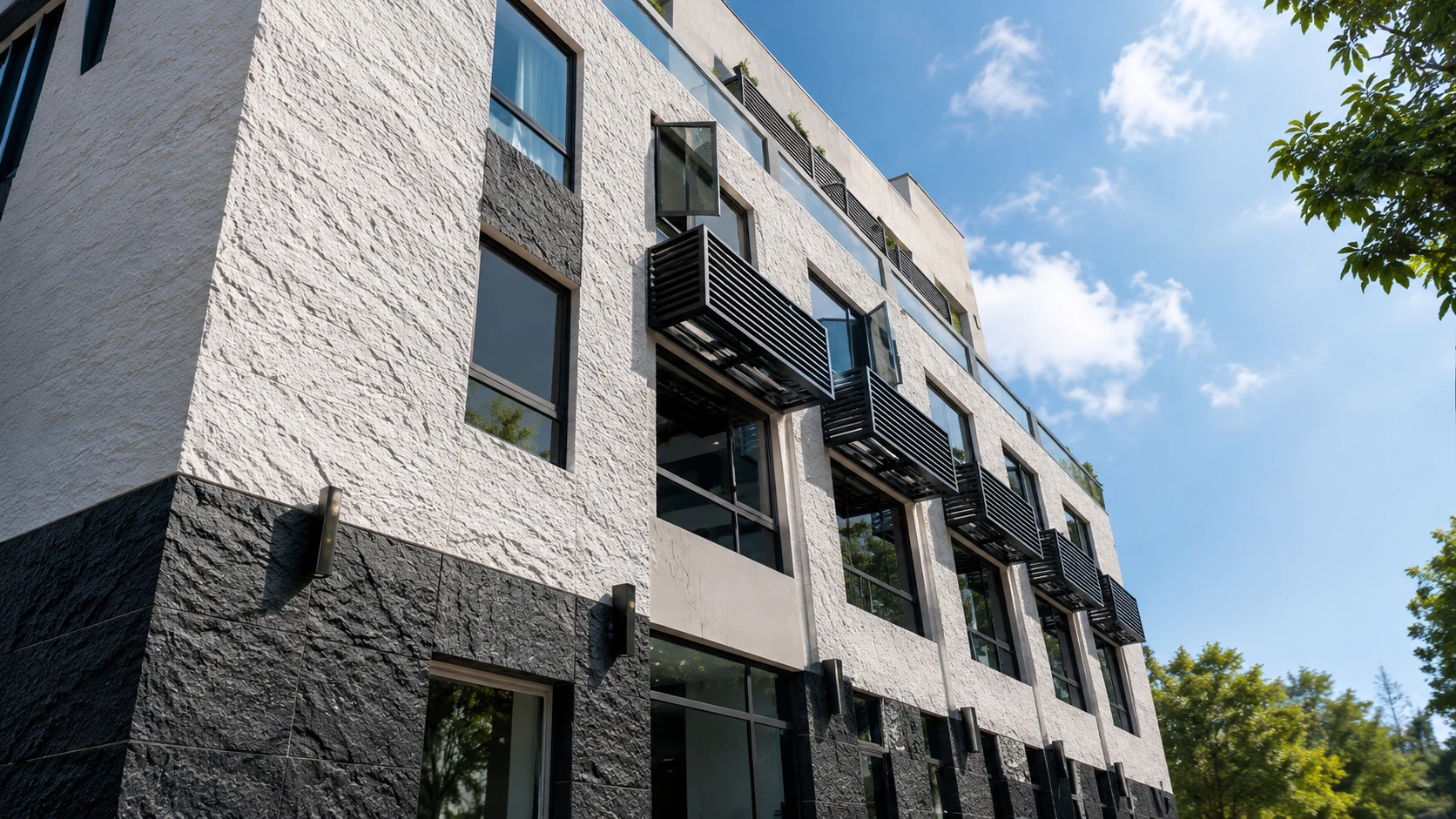 Building exterior with contrasting textured wall surfaces