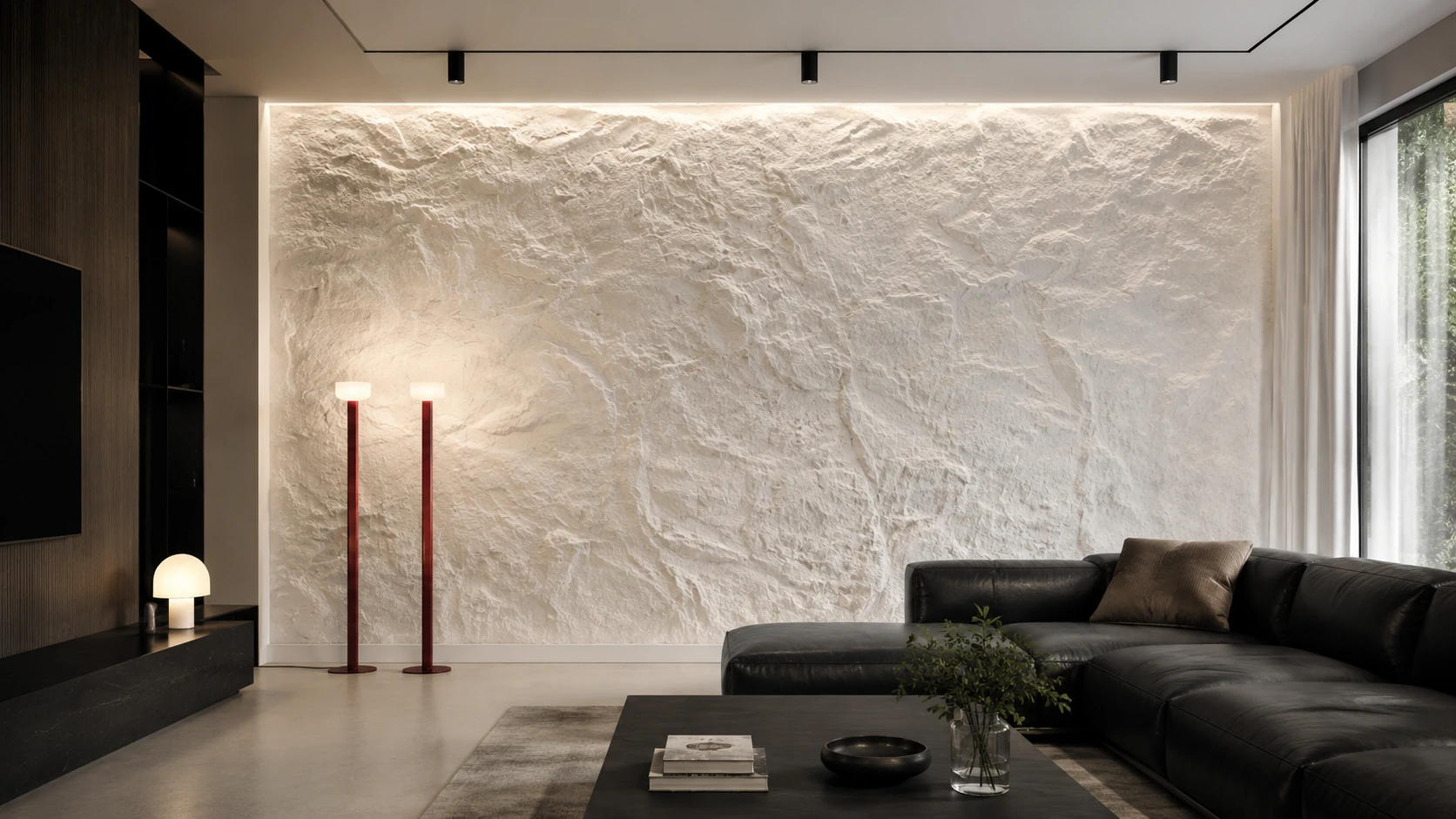 Contemporary living room with a white textured feature wall