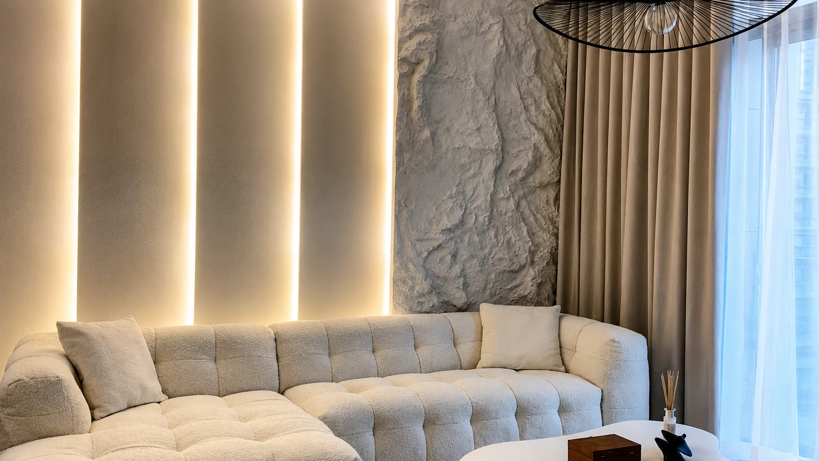 Interior with illuminated textured stone walls