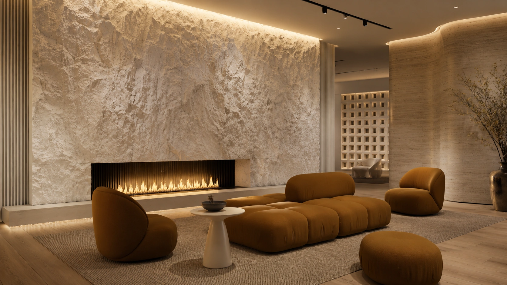 Luxury living room with a large light stone feature wall