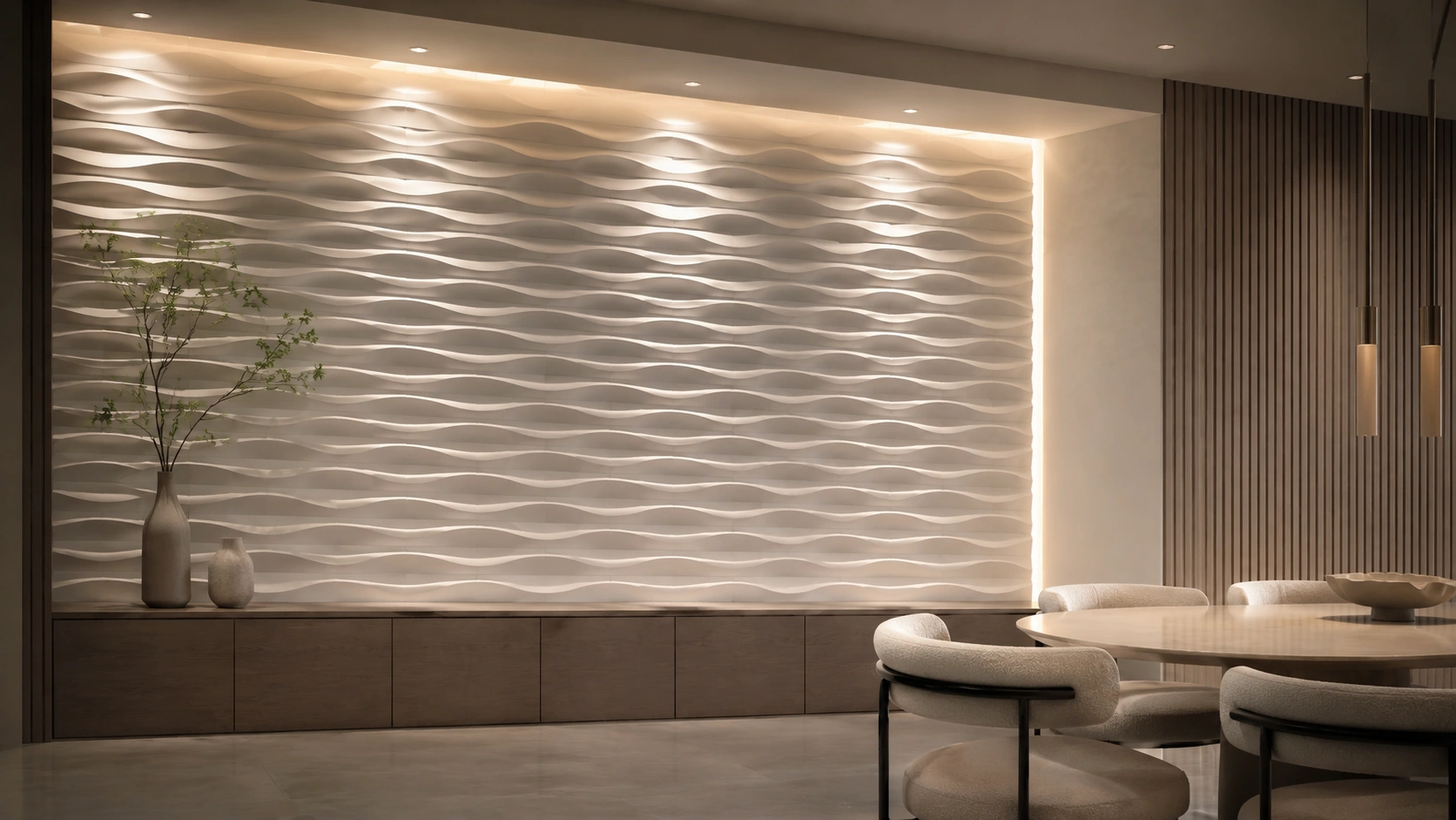 Modern dining interior with a sculptural white wall surface