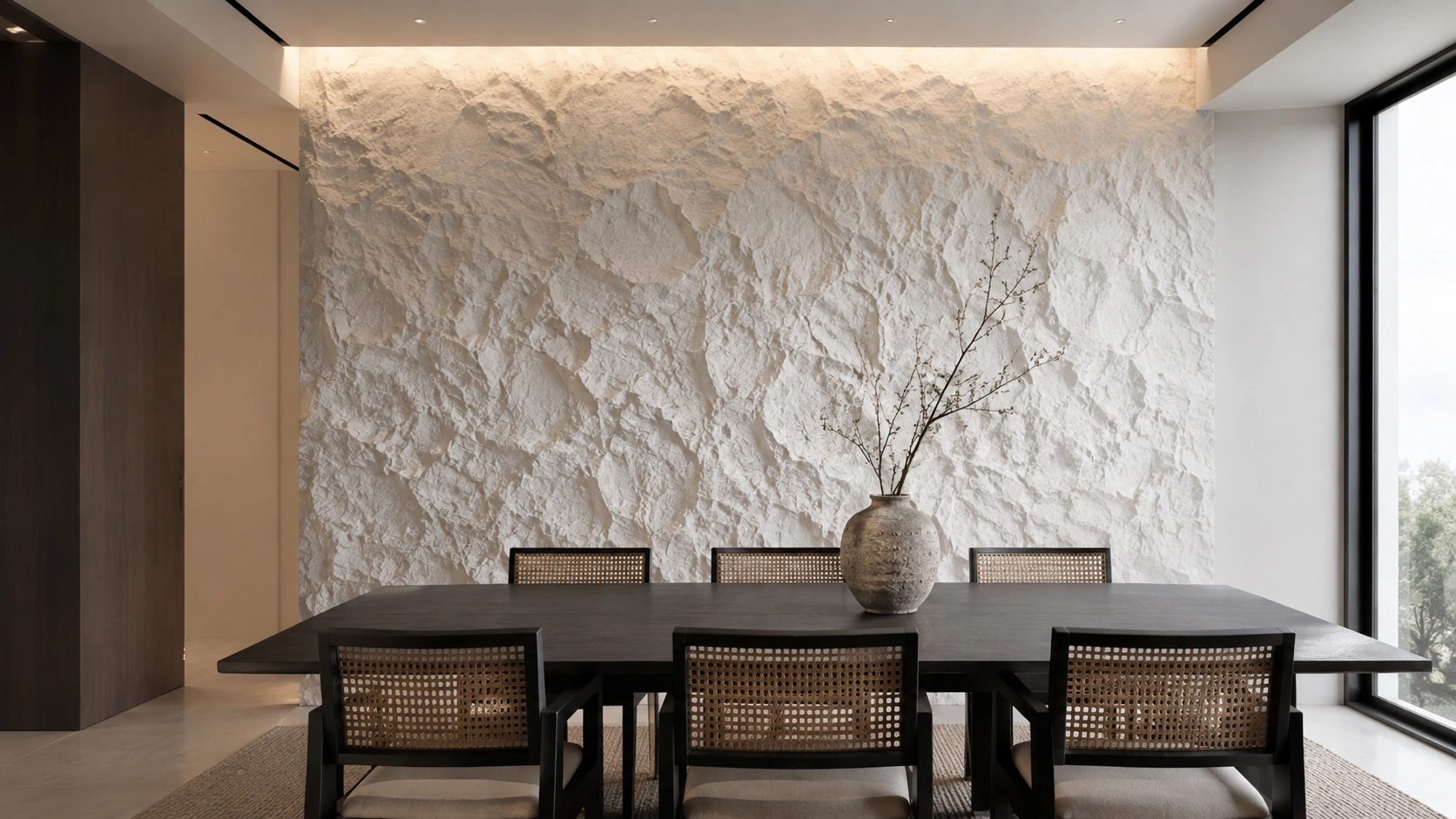 Dining space with a white rock texture wall