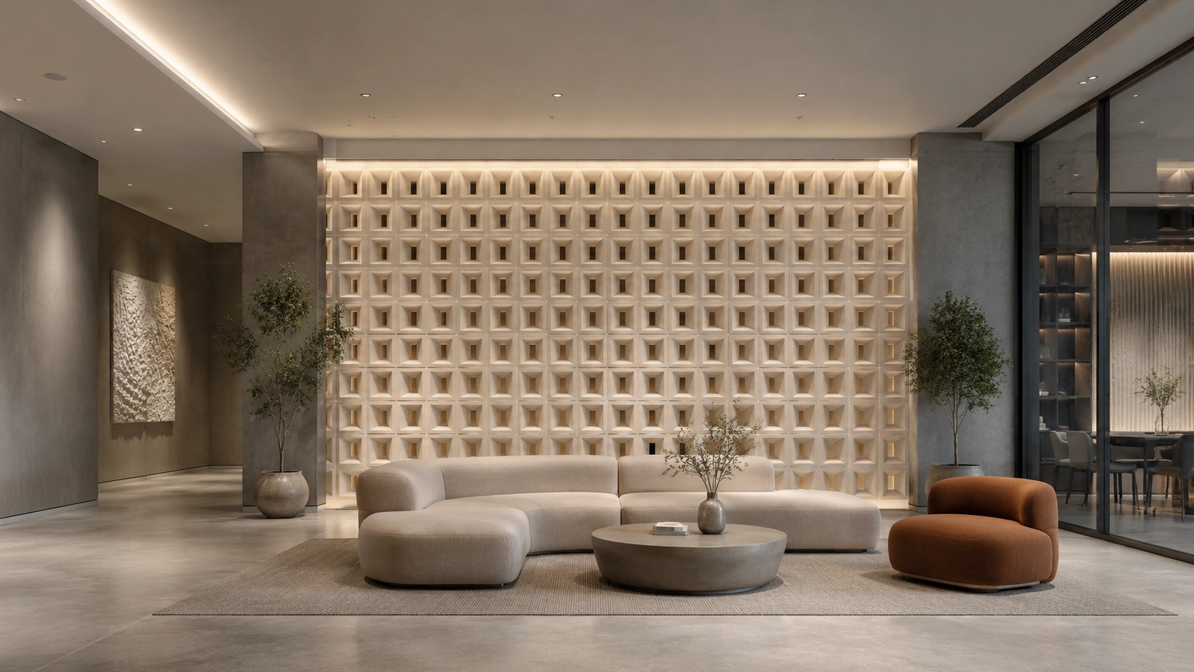 Modern living room with a geometric three dimensional feature wall