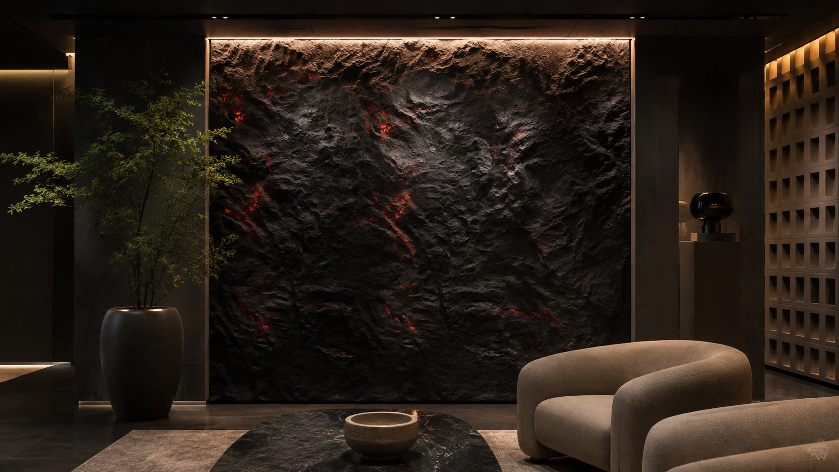 Dark dramatic rock texture wall with accent lighting