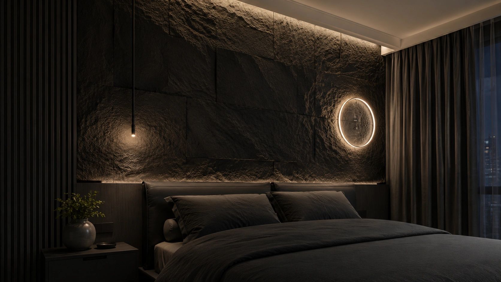 Luxury bedroom with a dark stone feature wall