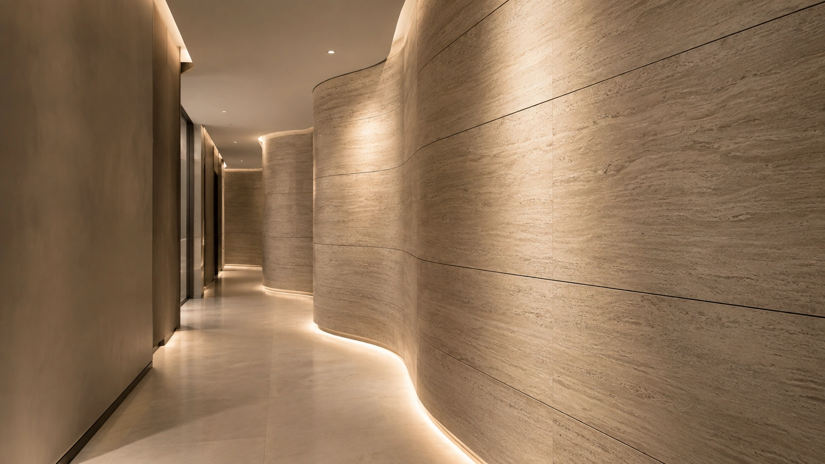 Curved corridor finished with a warm stone inspired surface
