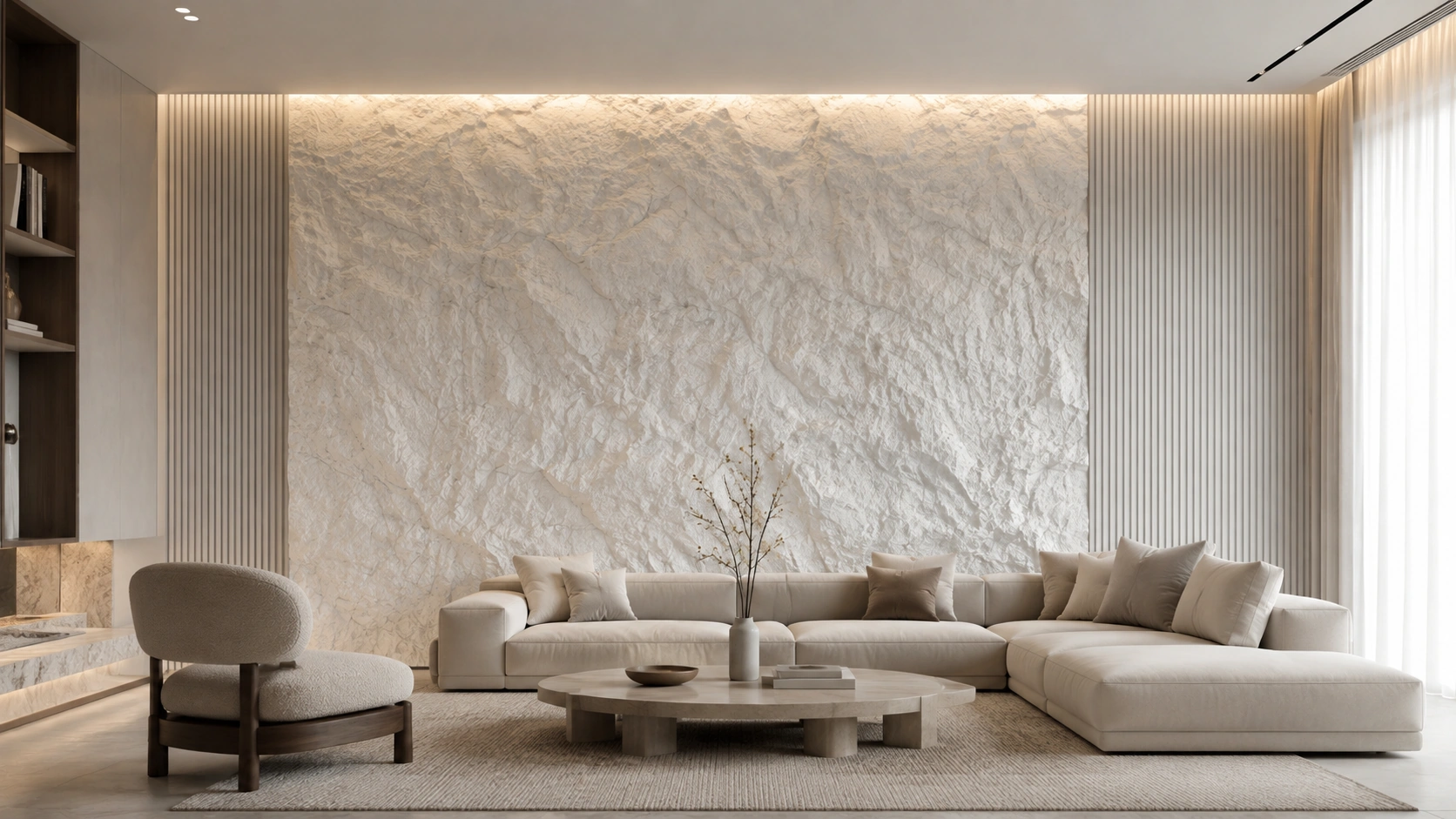 Bright living space with a white textured stone wall