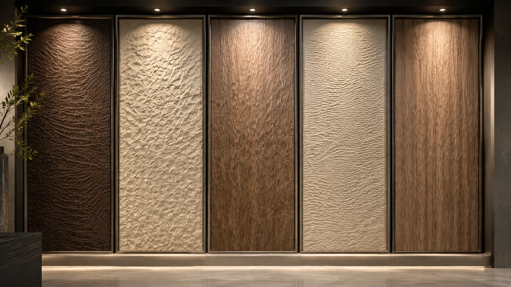Decorative wood and textured wall panel samples