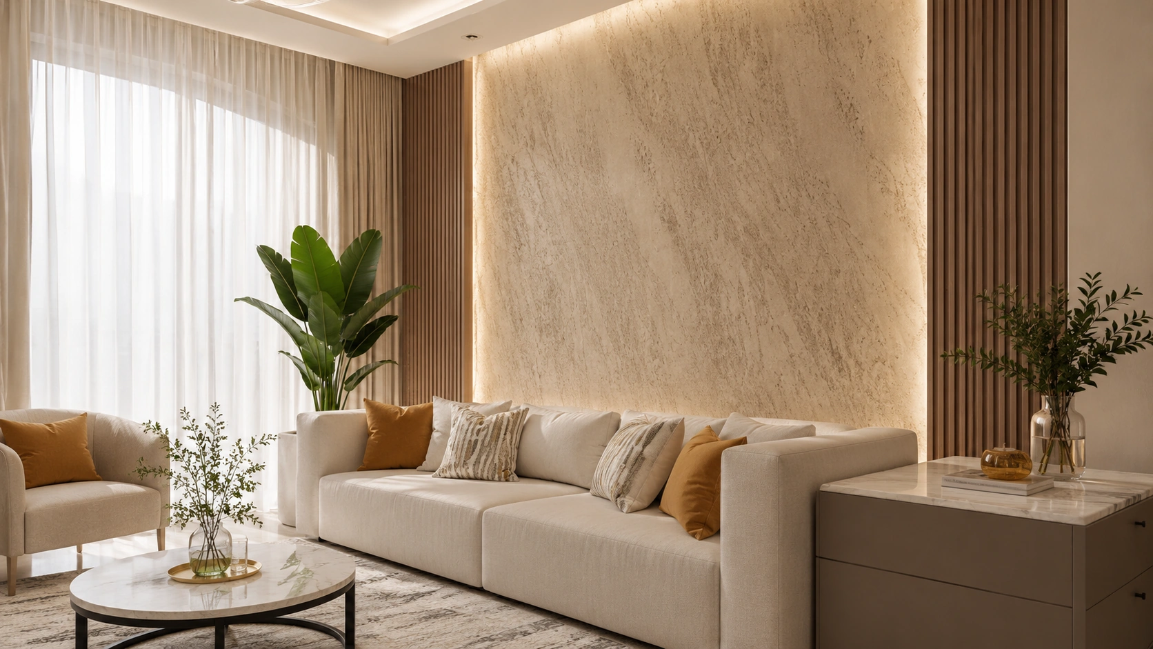 Warm living room with a beige decorative wall finish